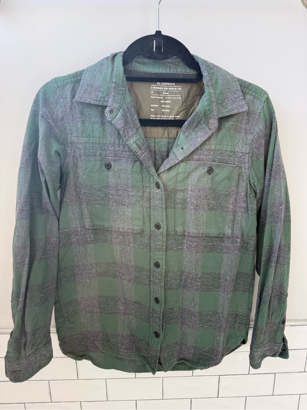 REI Co-Op Flannel - Green and Gray Plaid Button-Down Shirt Jacket